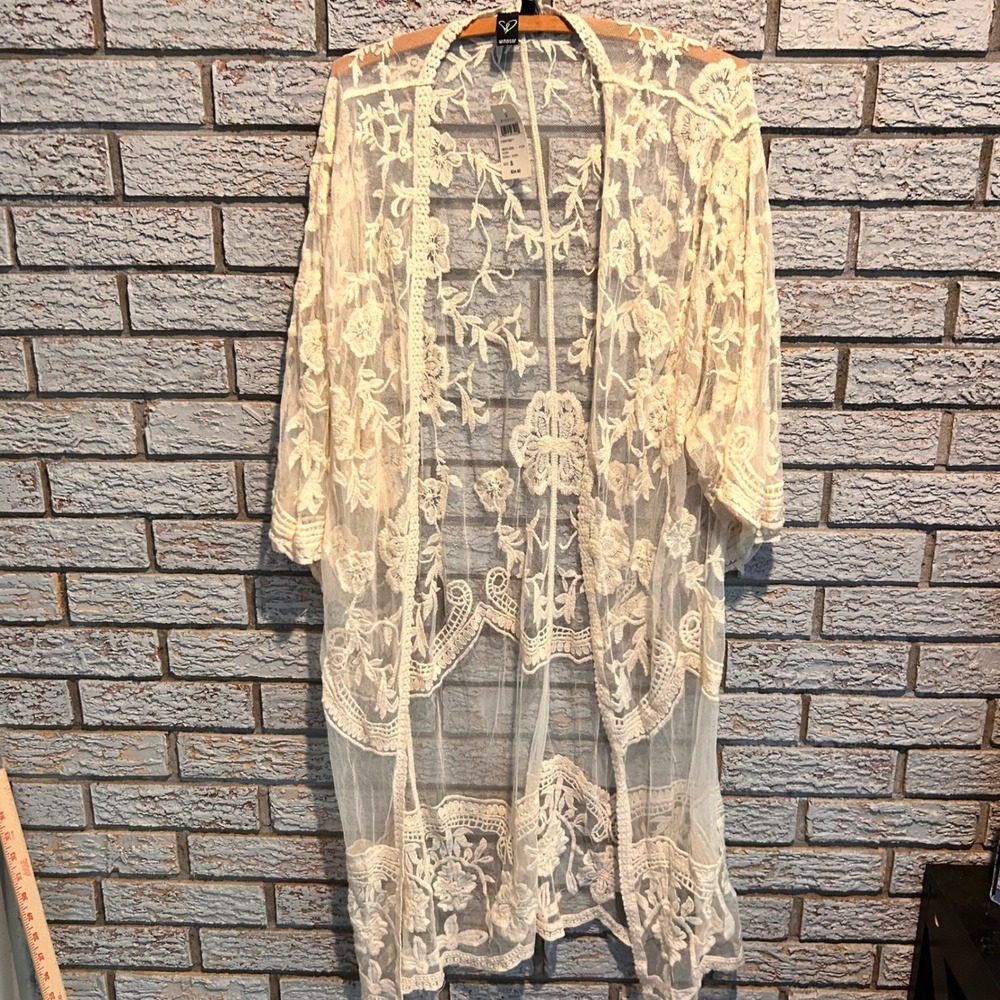 Windsor Ivory Floral Lace Kimono Open Front Longline Duster Small NWT 522841